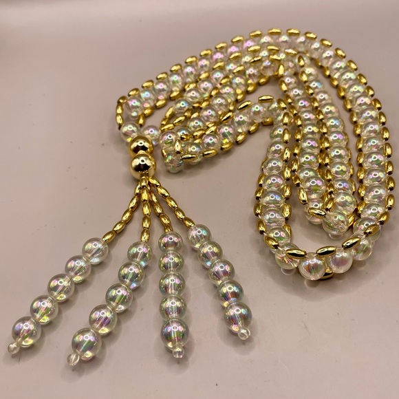 Crystal AB beads and gold lucite beads tassel necklace - Picture 3 of 4